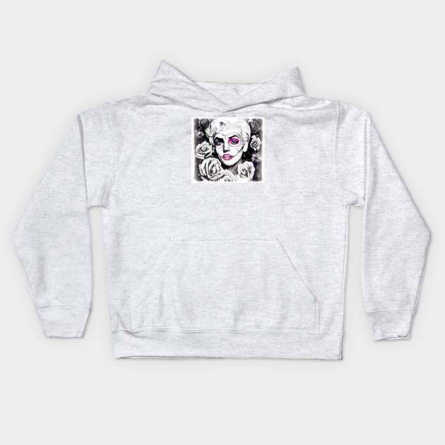 Retro sugar skull blonde with roses black and white Kids Hoodie by AnnArtshock